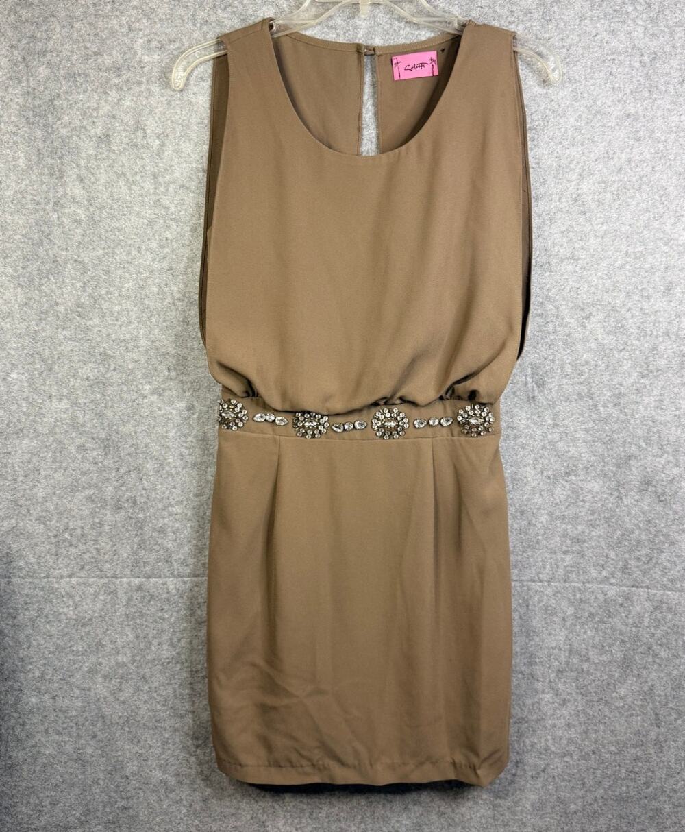 Colette Brown Taupe Blouson Dress Jeweled Crystal Waistband Cocktail Mini Small